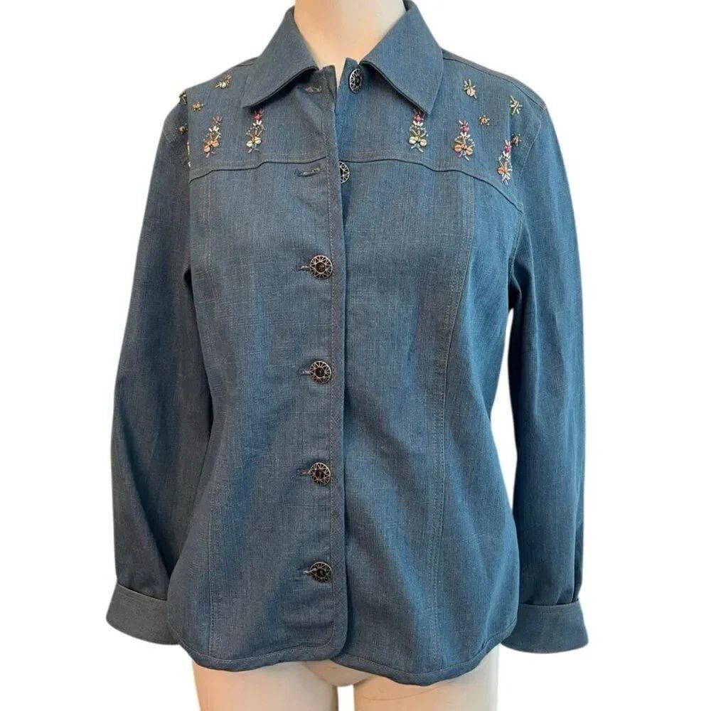 Ladies Small Jean Shirt Blue Beaded Embroidered Shacket Stretch Vtg Napa Valley